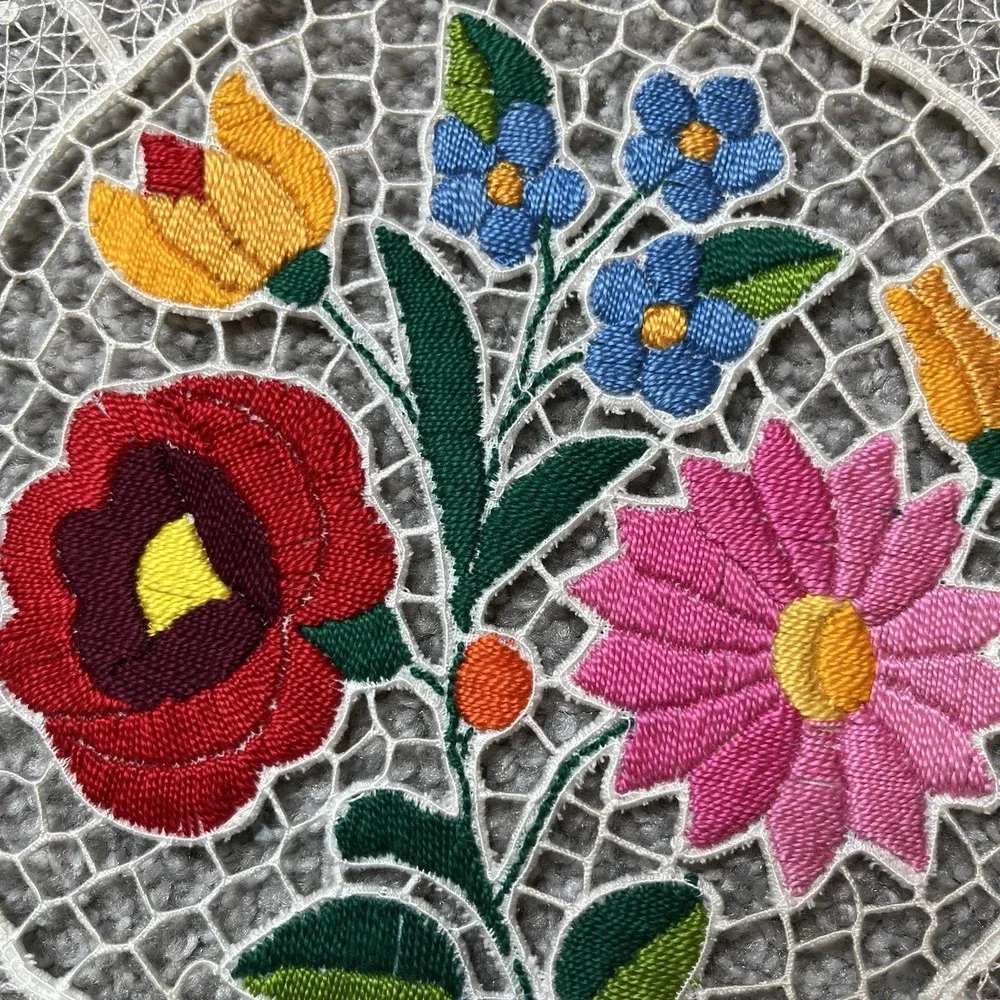 Set of 2 Kalocsa Hungarian Hand Embroidered Doilies Kalocsai Floral Lace Design